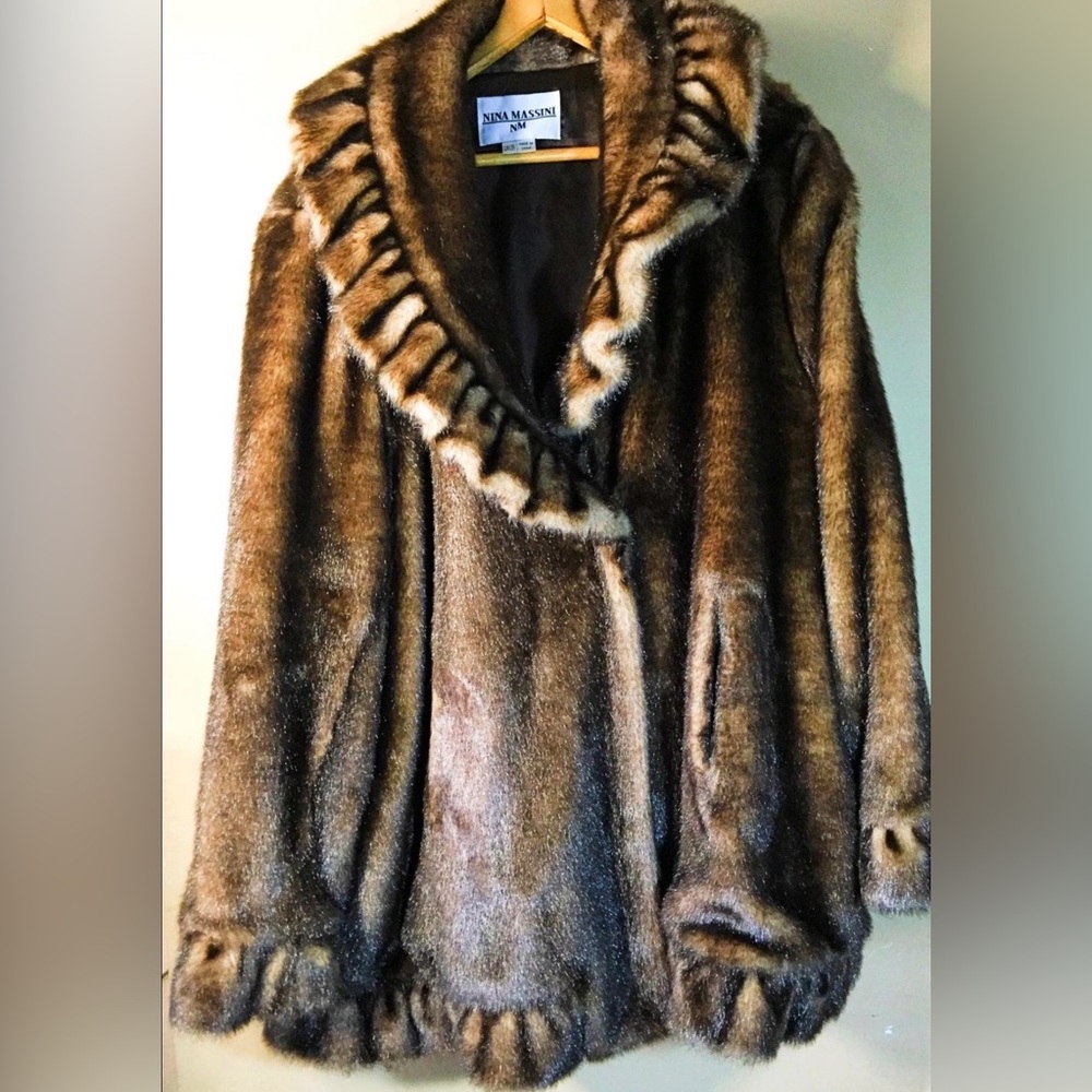Nina Massini Brown Faux Fur Coat with Dark Brown Trim